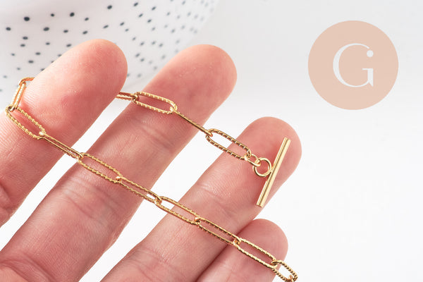 Bracelet trombone striée acier doré 14k inoxydable, fermoir en T, sans nickel, 20.9cm, x1 (G5805)