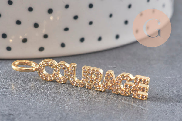 Breloque COURAGE laiton doré 18k cristal 40mm,Pendentif zircon pour création bijoux DIY, x1 (G6359)