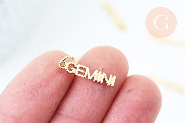 Breloque Gémeaux laiton doré 18k ,sans nickel,création bijoux astrologique, pendentif horoscope,19mm, x1 (G6047)