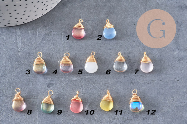 Breloque Goutte verre cuivre doré couleur mixte 18,5mm, breloque goutte verre, x1 (G8034)