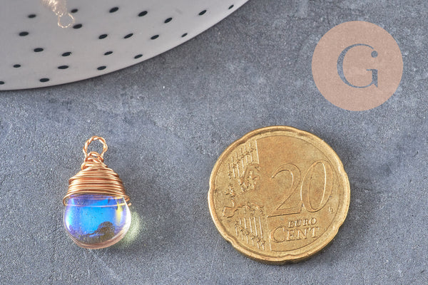 Breloque Goutte verre cuivre doré couleur mixte 18,5mm, breloque goutte verre, x1 (G8034)