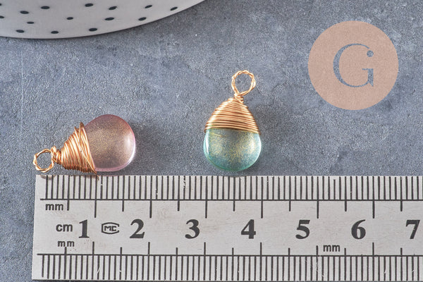 Breloque Goutte verre cuivre doré couleur mixte 18,5mm, breloque goutte verre, x1 (G8034)