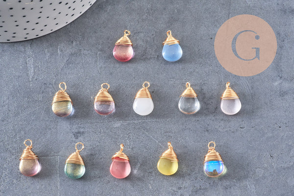 Breloque Goutte verre cuivre doré couleur mixte 18,5mm, breloque goutte verre, x1 (G8034)