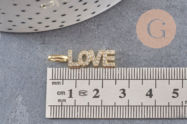 Breloque LOVE laiton doré 18k cristal 24mm,x1 (G3033)