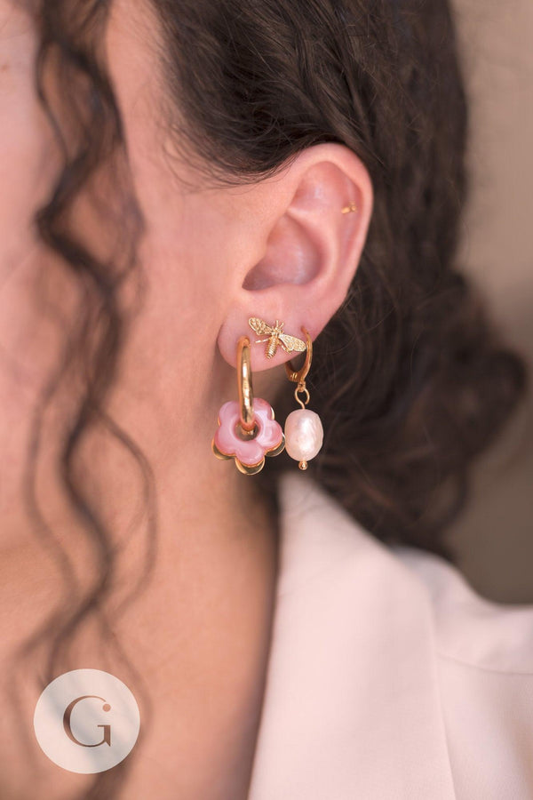 Breloque Perle coquillage naturel blanc acier 304 inoxydable doré 14mm, x1 (G10874)