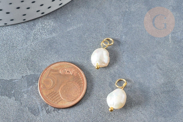 Breloque Perle d'eau douce naturelle blanche laiton et anneau acier 304 inoxydable doré, x1 (G7928)