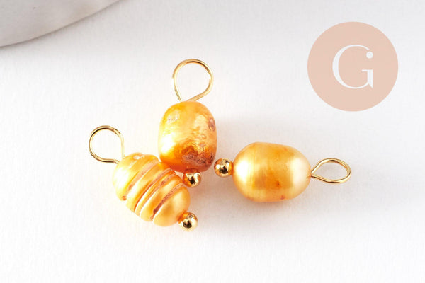 Breloque Perle d'eau douce naturelle colorée laiton doré 13mm, x1 (G9946)