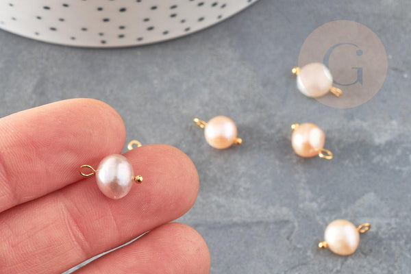 Breloque Perle d'eau douce naturelle rose pêche laiton doré 10-12mm, x1 (G9327)