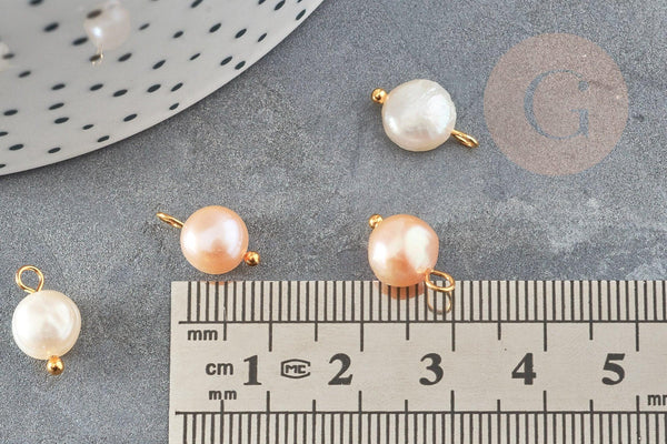 Breloque Perle d'eau douce naturelle rose pêche laiton doré 10-12mm, x1 (G9327)