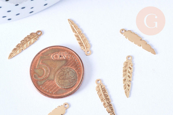 Breloque Plume laiton doré 17mm, création bijou doré fantaisie, x10 (G7134)