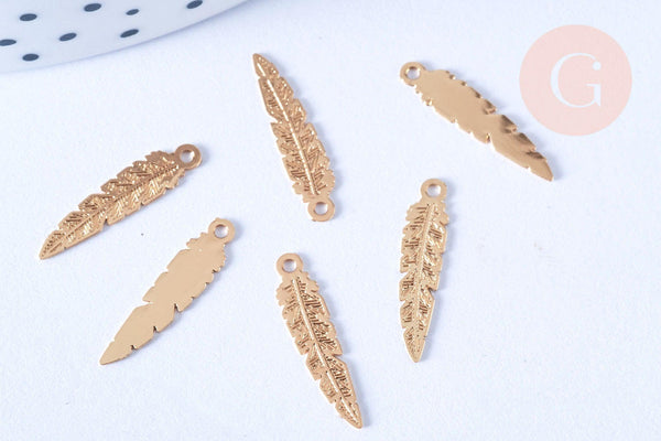 Breloque Plume laiton doré 17mm, création bijou doré fantaisie, x10 (G7134)