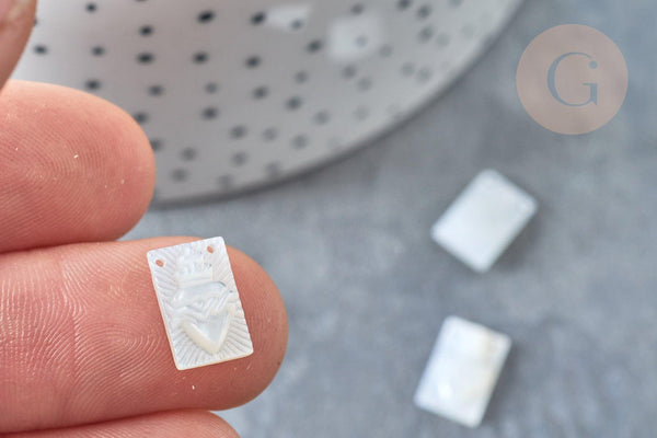 Breloque Rectangle nacre blanche cœur sacré 12mm, création de bijoux religieux, x1 (G7940)