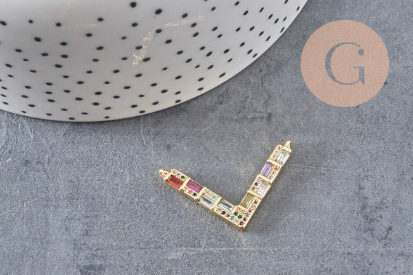 Breloque V laiton doré 18k cristal,sans nickel,pendentif amour, Pendentif zircon coloré,33.2mm, x1 (G8788)