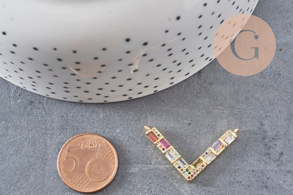 Breloque V laiton doré 18k cristal,sans nickel,pendentif amour, Pendentif zircon coloré,33.2mm, x1 (G8788)