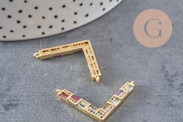 Breloque V laiton doré 18k cristal,sans nickel,pendentif amour, Pendentif zircon coloré,33.2mm, x1 (G8788)