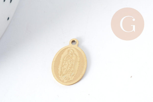 Breloque Vierge Marie ovale acier 304 inoxydable doré IP 16mm, x1 (G8993)