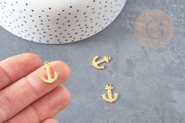Breloque ancre acier 304 inoxydable doré 14k 12mm, x10 (G0728)