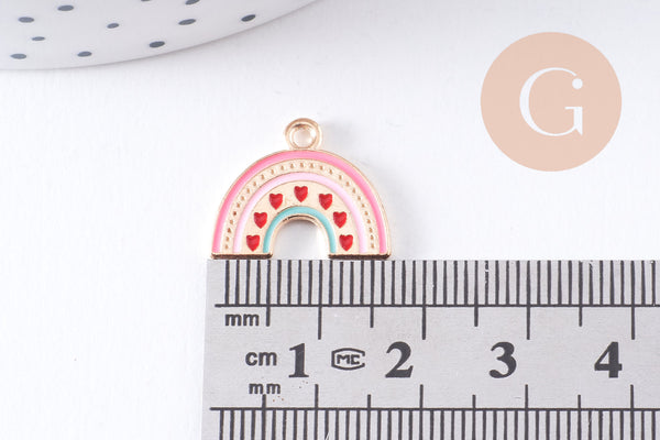 Breloque arc-en-ciel émail rose zamac doré 17.9mm, x2 (G10620)