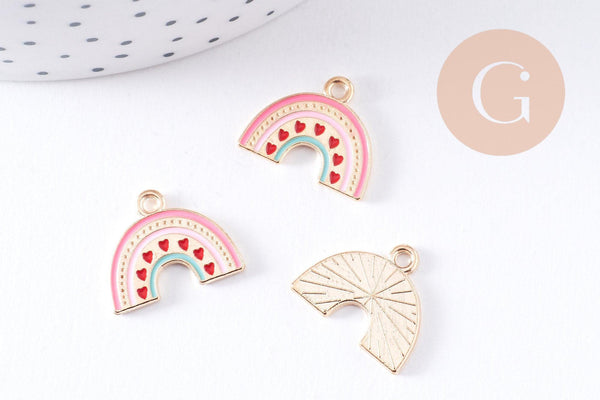 Breloque arc-en-ciel émail rose zamac doré 17.9mm, x2 (G10620)