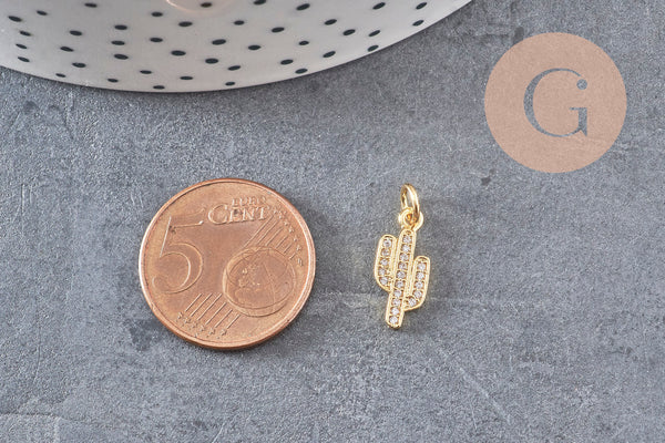 Breloque cactus laiton doré 18k cristal,sans nickel,western États-Unis,pendentif porte bonheur, Pendentif zircon,15mm x1 (G0484)
