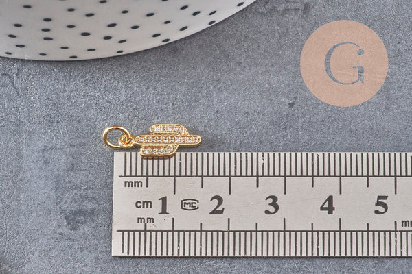 Breloque cactus laiton doré 18k cristal,sans nickel,western États-Unis,pendentif porte bonheur, Pendentif zircon,15mm x1 (G0484)