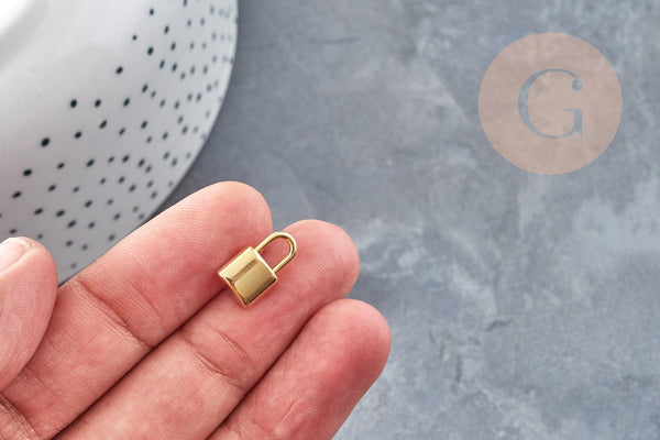 Breloque cadenas acier 304 doré 24K inoxydable 13.5mm,création bijoux amour x2 (G2876)