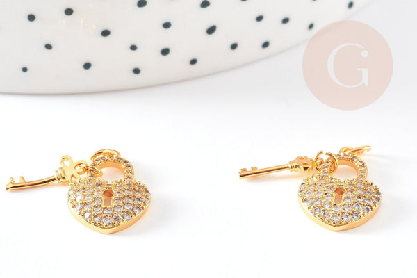 Breloque cadenas coeur laiton doré 18k cristal 17mm, x1 (G2729)
