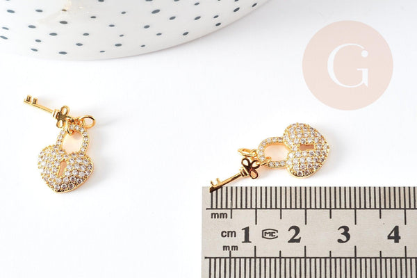 Breloque cadenas coeur laiton doré 18k cristal 17mm, x1 (G2729)