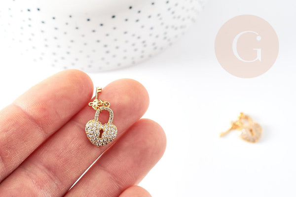 Breloque cadenas coeur laiton doré 18k cristal 17mm, x1 (G2729)