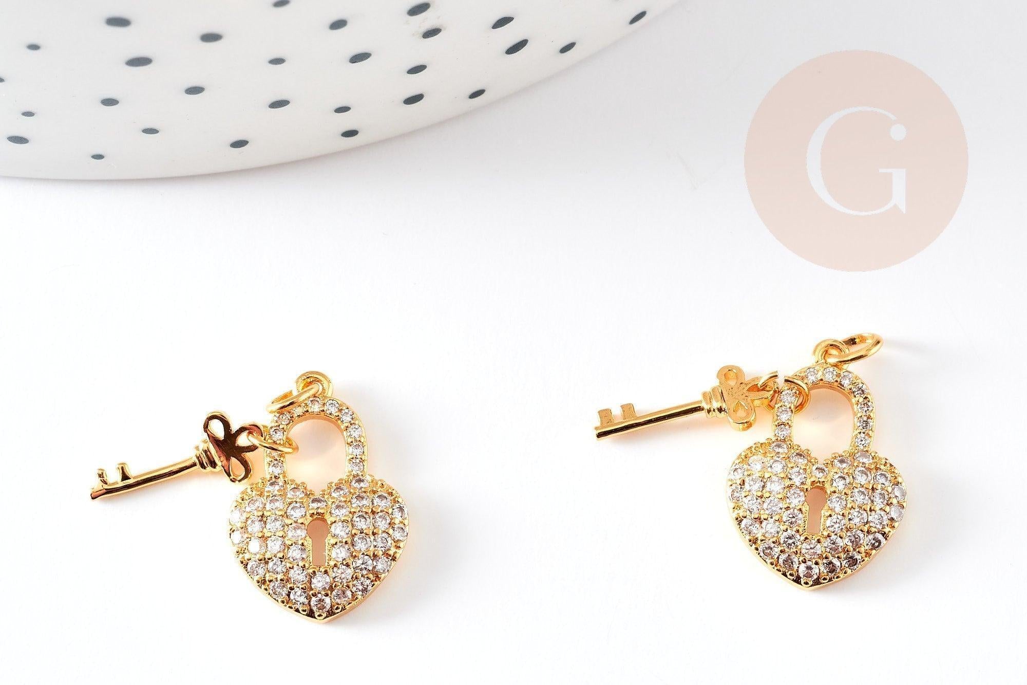 Breloque cadenas coeur laiton doré 18k cristal 17mm, x1 (G2729)