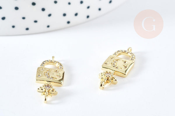 Breloque cadenas lune laiton doré 18k cristal 28mm, x1 (G2978)