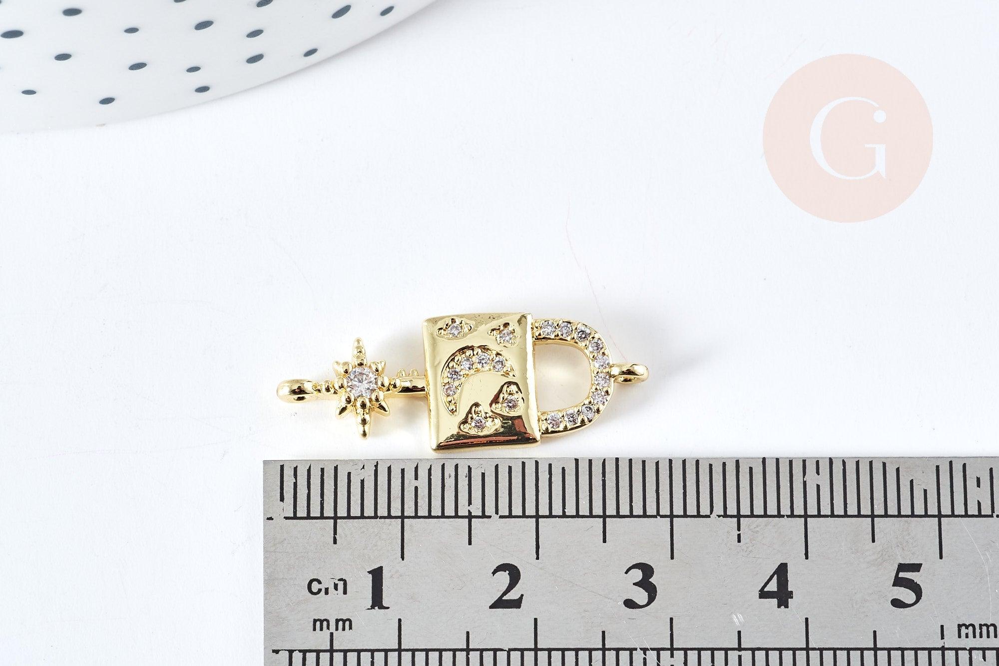 Breloque cadenas lune laiton doré 18k cristal 28mm, x1 (G2978)