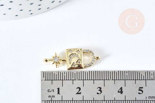 Breloque cadenas lune laiton doré 18k cristal 28mm, x1 (G2978)