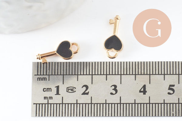 Breloque clé coeur noir laiton doré 16mm, x2 (G4300)