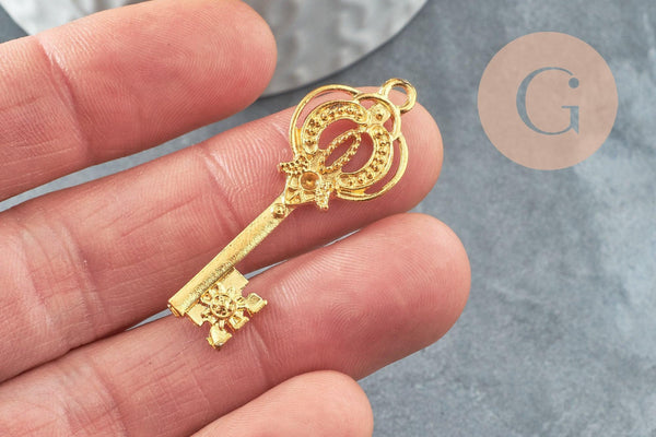 Breloque clef zamac doré 18k,création bijoux,pendentif amour, Pendentif clé,41mm, x1 (G3792)