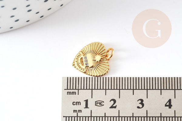 Breloque coeur laiton doré 18k cristal 14.5mm, x1 (G3588)