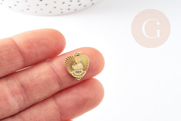 Breloque coeur laiton doré 18k cristal 14.5mm, x1 (G3588)