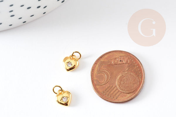 Breloque cœur laiton doré 18k étoile cristal,sans nickel,création bijoux,pendentif amour, Pendentif zircon,7.5mm, x1 G4065