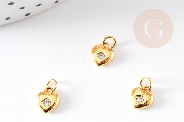 Breloque cœur laiton doré 18k étoile cristal,sans nickel,création bijoux,pendentif amour, Pendentif zircon,7.5mm, x1 G4065