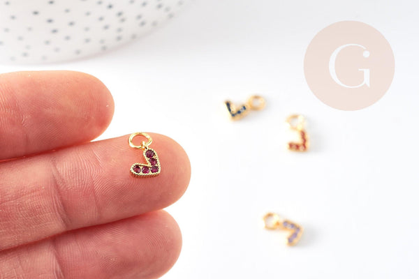 Breloque coeur zircons colorés laiton doré 18k 8mm, x1 (G3485)
