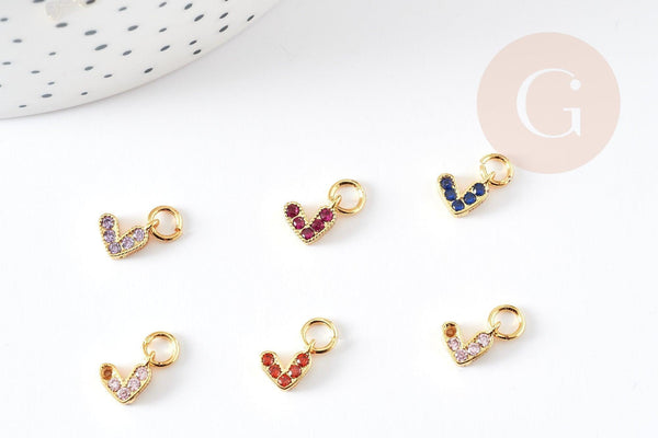 Breloque coeur zircons colorés laiton doré 18k 8mm, x1 (G3485)
