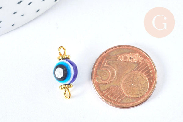 Breloque connecteur rond Oeil résine bleue 17mm, x10 (G6949)