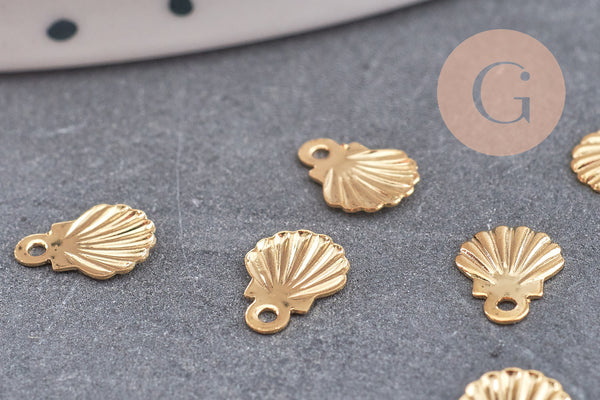 Breloque coquillage acier 304 inoxydable doré 14k 7.5mm, Pendentif coquillage sans nickel, x10 (G6014)