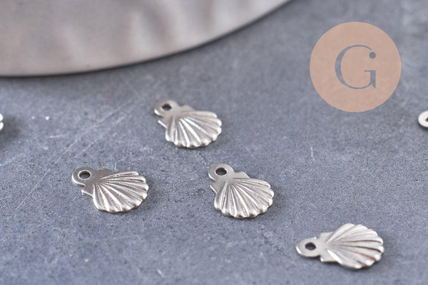 Breloque coquillage acier argenté ,Pendentif coquillage,acier inoxydable,pendentif bijoux,sans nickel,7.5mm x10 (G4850)