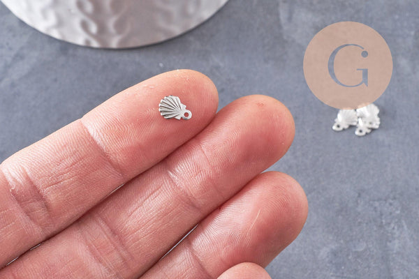 Breloque coquillage acier argenté ,Pendentif coquillage,acier inoxydable,pendentif bijoux,sans nickel,7.5mm x10 (G4850)