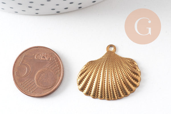 Breloque coquillage laiton brut 26mm, breloquesmétal doré pour création bijoux,sans nickel x2 G7268