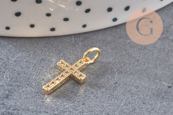 Breloque croix laiton doré 18k criStal,sans nickel,laiton brut,croix bijoux,pendentif religion, 16mm x1 (G0473)