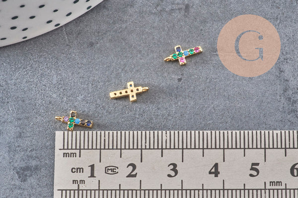 Breloque croix laiton doré 18k cristal 10mm,sans nickelcroix bijoux,pendentif religion, Pendentif zircon, x1 (G0474)