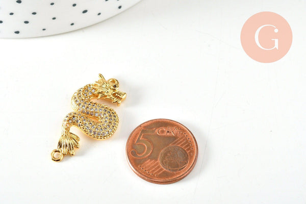 Breloque dragon laiton doré 18k cristal 33mm, x1 (G9158)