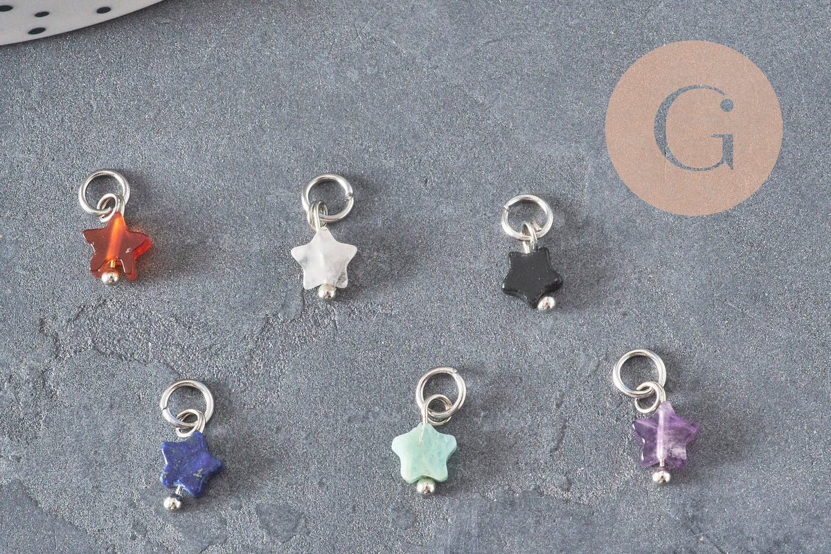 Breloque étoile pierre naturelle coloré laiton platine 10mm, x1 (G11367)-Breloques et pendentifs-Gingerlily Perles